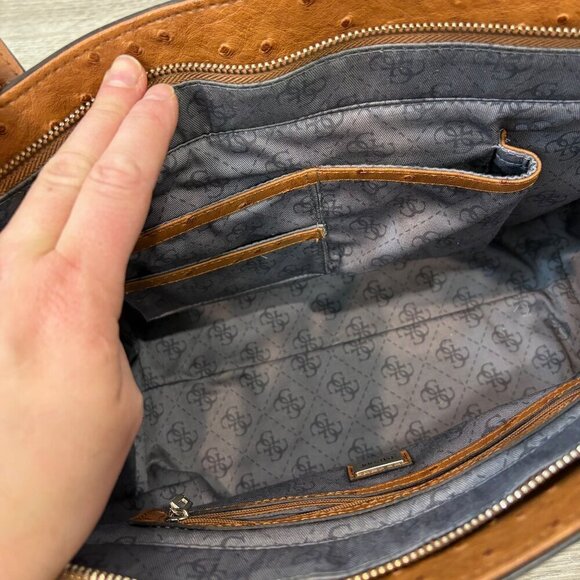 GUESS Brown Faux Ostrich Leather Shoulder Purse Tote Bag 13" x 5" x 9.5" - Picture 6 of 15